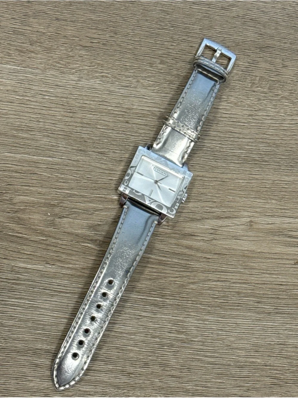 Coach Silver-Tone Square Dial Leather Strap Watch